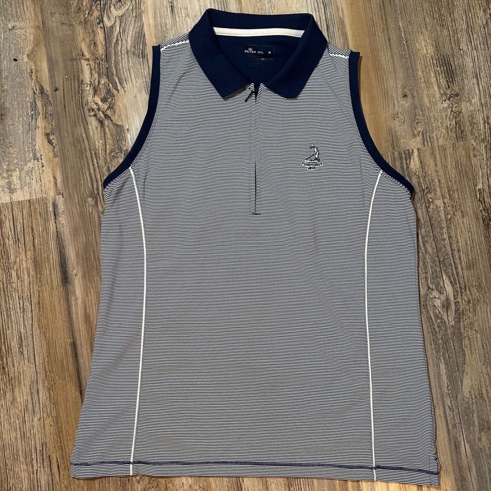 Peter Millar Womens Sleeveless Golf Polo Navy White Striped Pinehurst 1895 Large
